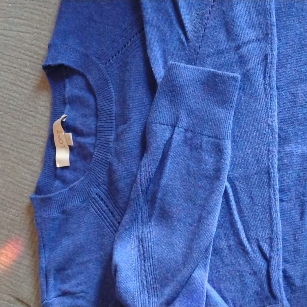 LOFT size L indigo blue wool blend sweater with decorative stitching EUC